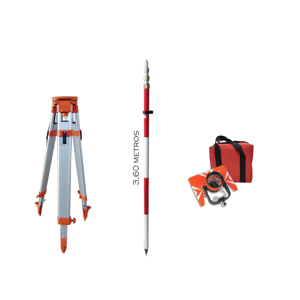 Kit Acessórios para Estação Total - Tripé + Bastão 3,60m + Prisma