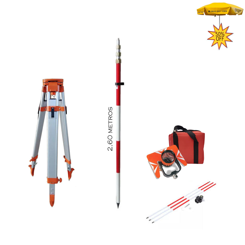 Kit Promocional para Estação Total - Tripé + Bastão 2,60m + Prisma + Mini Prisma + Umbrella