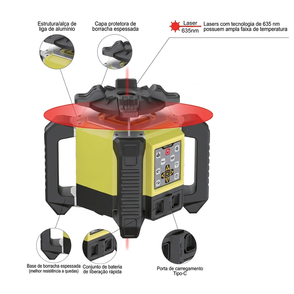 Super combo kit Nível a Laser Rotativo Vermelho KRL-840R com Tripé e Mira - Operações Profissionais