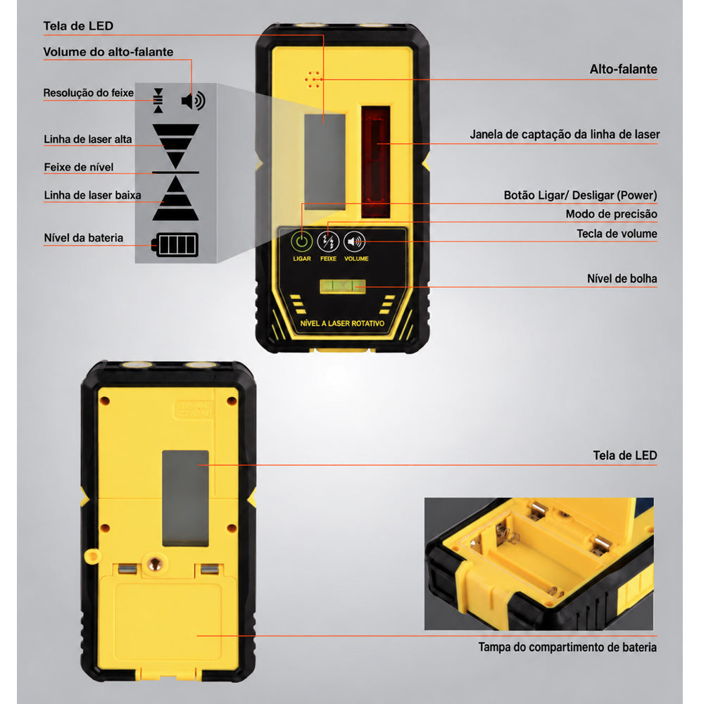 Sensor Universal LP500R para Nível Laser Rotativo – Alcance de até 1000 m de Diâmetro (Laser Vermelho)