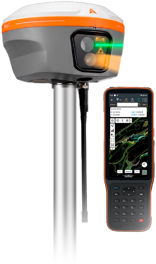 Receptor RTK CHCNAV i85 com laser, no bastão, ao lado da coletora HCE600
